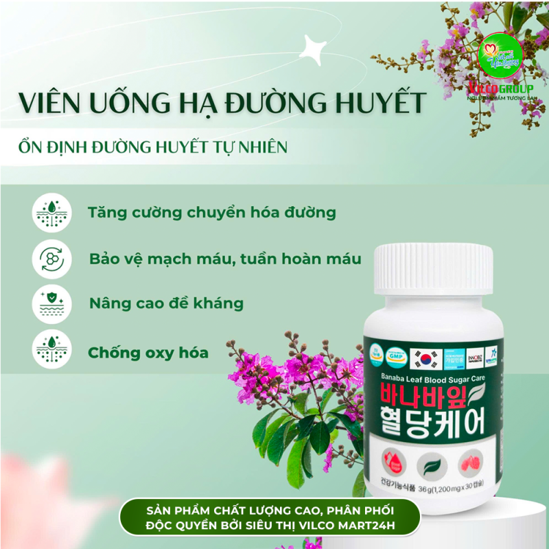 SHQ18 Thực phẩm bảo vệ sức khỏe Banaba Leaf Blood Sugar Care 1200 mg x 30 viên/hộp Viên uống hạ đường huyết - Chìa khóa vàng cho sức khỏe vẹn tròn!