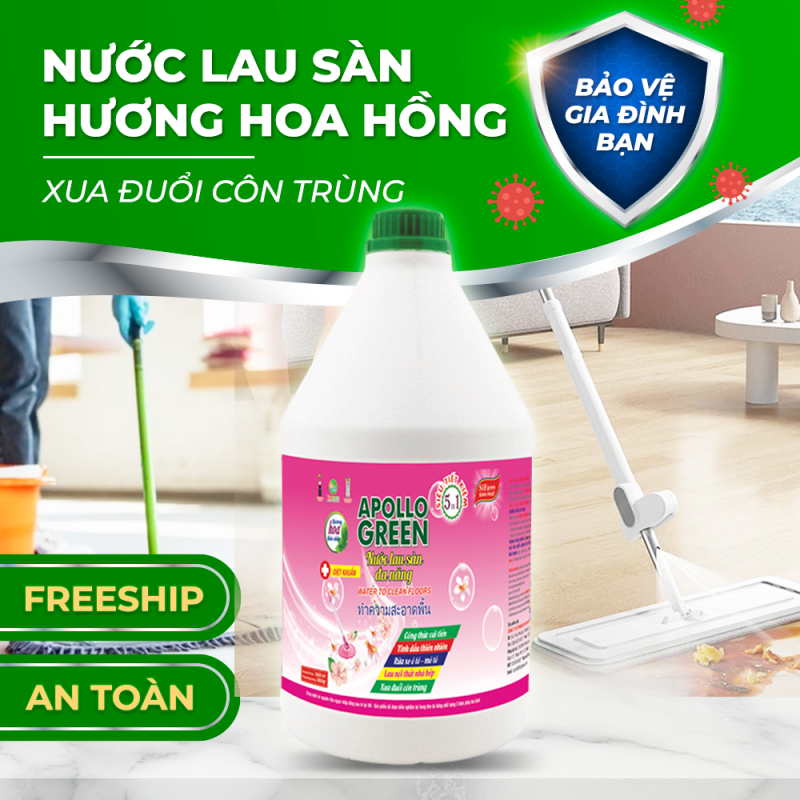Nước lau sàn nhà thế hệ mới Apollo Green hương hoa hồng 3800gr