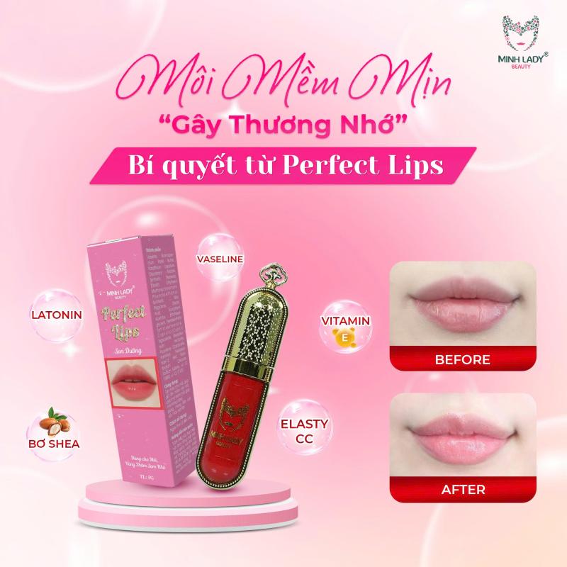 Tinh chất SON DƯỠNG VITAMIN MỜ THÂM, GIẢM NỨT NẺ, DƯỠNG SAU PHUN XÂM CÓ MÀU MINH LADY Perfect Lips - Hỗ trợ dưỡng mềm môi lên màu - Cosmetic
